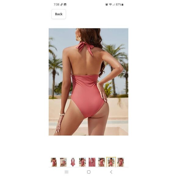 6 Zaful Pink Brick Red Halter Neck Deep Plunge One Piece Swimsuit Bathing Suit - Picture 4 of 10